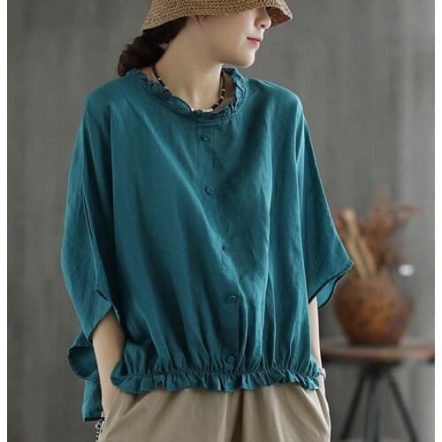 Summer Autumn Thin Shirt Blouse Female Casual Solid Color Single-Breasted Shirred Collar Ruffles Tops All-Match Camisas Mujer