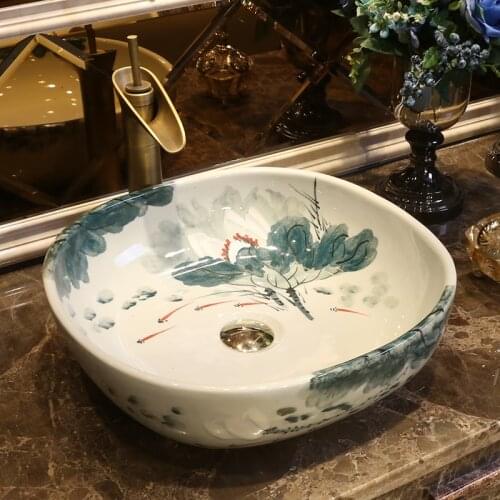 Lotus Europe Vintage Style Hand Painting Art Countertop bathroom round white porcelain ceramic vessel sink