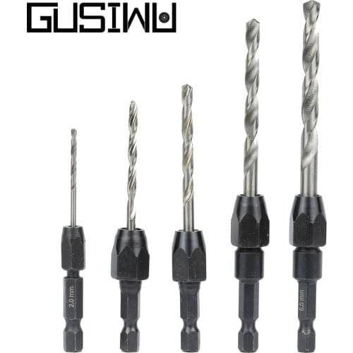 GUSIWU 5pcs High Speed Steel Drill Bit set Quick Change Hex Shank drilling bit 2mm 3.2mm 4mm 5mm 6mm Carbon Steel Shank for wood