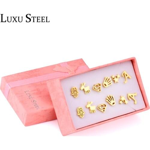 LUXUSTEEL Earring Sets 6 Pairs Gold Color Letter/Star/Hand/Animals Shape Stud Earring Sets For Women/Girl Wholesale Female