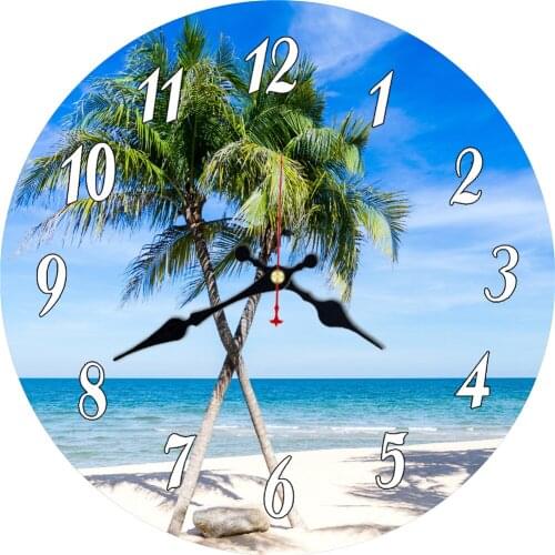Beach Vintage Wooden Wall Clock 16" Seashore Palm Coconut Tree Clock - Large Silent Round Imitation Wood Wall Clock