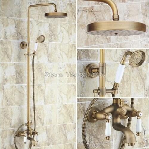 Wall Mounted Antique Brass Rain Shower Faucet Set with Hand Spray Shower / Bathroom Dual Handles Bathtub Mixer Taps Wrs165