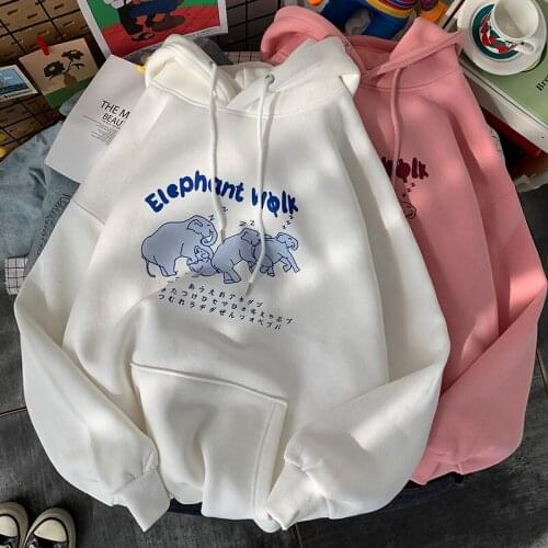 New Japanese Fashion Kanji Elephant Cartoon Hoodies Sweatshirt Women Long Sleeve Tops 2021 Autumn Hip Hop Harajuku Teens Clothes