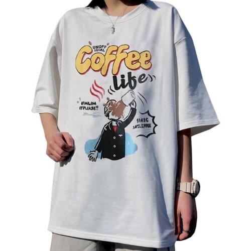 New Arrivals Summer Loose Casual Women T Shirt Print Harajuku Letter Comic Coffee Libe Life Tees White Short Sleeve Tops Female