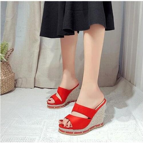 Summer new style Slope heel Rivets Womens slippers outdoor Sandy beach Open toe Womens shoes hig 11cm plus size 34-50