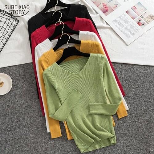 Autumn/winter 2021 V-neck Pullover Slim Long-sleeve Sweater Women Korean Knit Bottoming Shirt Woman Fashion Solid Top Lady 16037