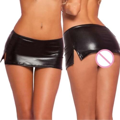 Women Lingerie Sets PU Leather Mini Skirts + Thongs 2PCS Pencil Bodycon Skirts Panties Erotic Vestidos Latex Femme Suits XXL