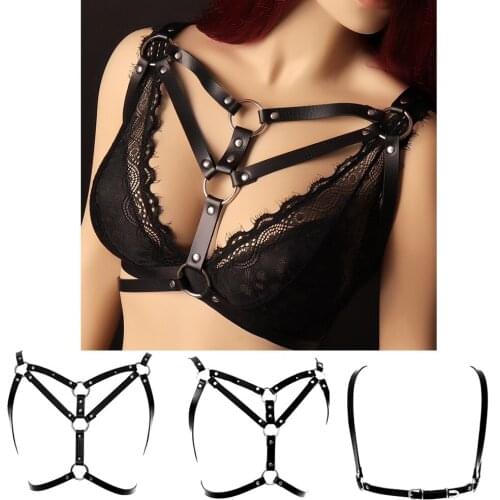 Punk Gothic Tops Bra Sexy Bondage Bra Lingerie Fetish PU Leather Harness Women Garter Belt Straps Body Festival Rave Costume