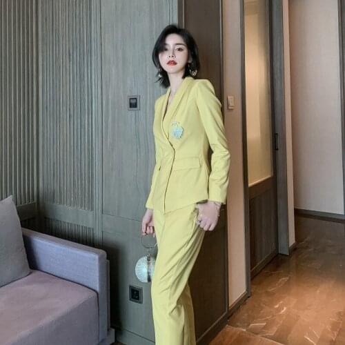 Business Lady Autumn Elegant High Quality OL Work Suit Yellow Womens Business Suit Blazer Jacket Trousers 2 Piece Set Costume