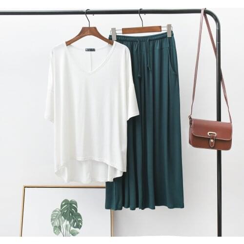 Daeyard Modal Pajama Set Women Contrast Color Pyjamas Half Sleeve T-Shirt And Loose Pants 2 Pieces Home Suit Cotton Sleepwear