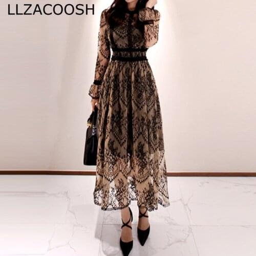 2020 Spring Sexy Long Dress Slim Patchwork Long Sleeved Mid-Calf Hollow Out Lace Party Dress Vestidos Robe Femme