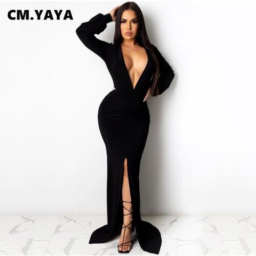 CM.YAYA Women Deep V-neck Ruched Waist High Split Mermaid Floor Length Maxi Dress Sexy Club Party Long Dresses 2021 Sping Winter