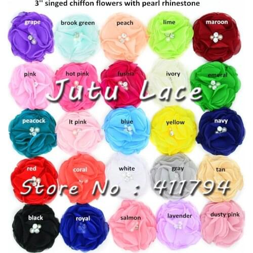60 pcs / lot , 3'singed shabby chiffon flowers with pearl for headband hair accessories 25 colors