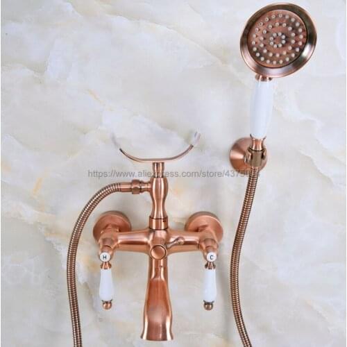 Antique Red Copper Bath Tub Faucet Ceramic Handle & Handheld Shower Head Faucet Bathtub faucet set Nna375