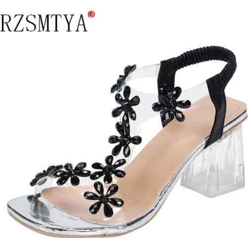 NEW Summer Sandals Women Shoes Silk Strange Style High Heel Party Open Toe Ladies Gladiator Casual Flower PVC Square Heel