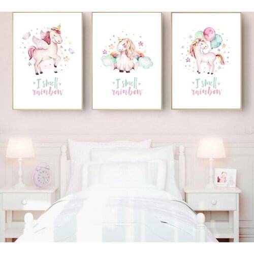 Baby Nursery Unicorn Poster Coloured Flags Bowknot Canvas Painting Inspirational Quotes Wall Art Prints Nordic Girls Room Decor