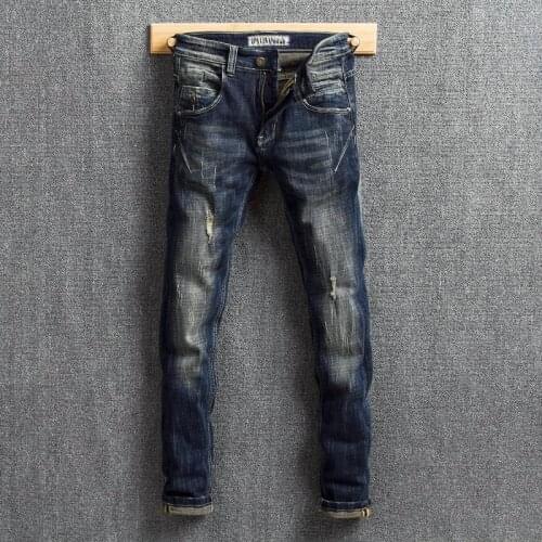Italian Fashion Men Jeans Retro Dark Blue Elastic Slim Ripped Jeans For Men Streetwear Spliced Designer Hip Hop Denim Punk Pants