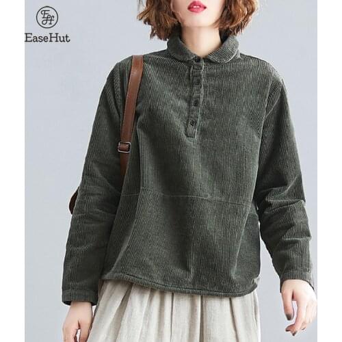 EaseHut Autumn Winter Vintage Women Corduroy Coat Solid Color Turn-down Collar Long Sleeve Button Loose Casual Hoodies Female