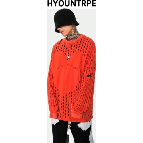 Harajuku Ripped Holes T Shirt Men New Casual High Street O-neck Long Sleeve Streetwear Tshirt Tops Loose Hip Hop Hipster T Shirt