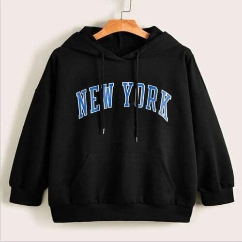 Black Letter NEW YORK Blue Print American Fashion Hoodies Women Long Sleeve Loose Casual Streetwear Girls Autumn Plus Size Tops
