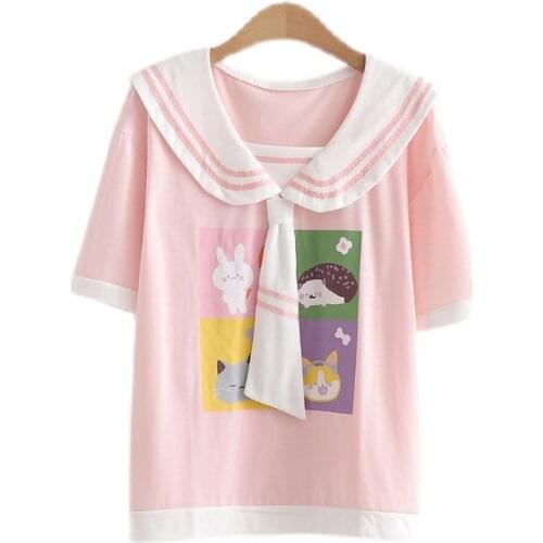 Short Sleeve Sailor Collar Tie T Shirts Women 2021 Summer Harajuku Cartoon Print Kawaii Pullover Female Basic Cute Graphic Tops