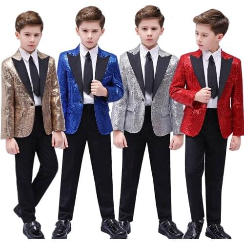 Kids Boys Sequins Suit New Year Costume Fantasia Children`s Carnival Cosplay Costume Jacket Birthday Gift For Boys ( Coat+Tie )