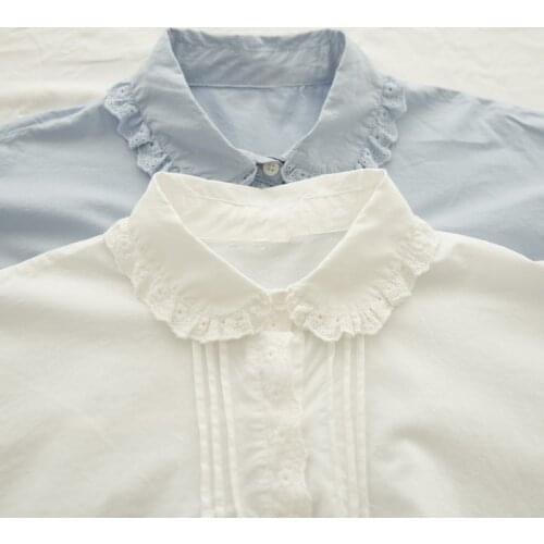 Lamtrip Unique Pleated Lacing Decorated Peter Pan Collar Shirt Folds Blouse Cotton 100% Brief Top