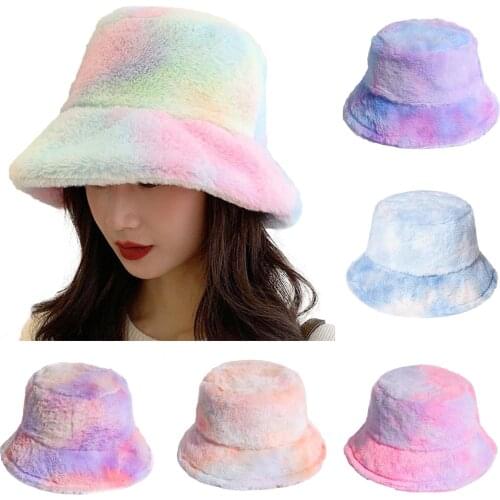 Fashion Women Plush Winter Warm Keeping Rainbow Tie Dye Cap Fisherman Bucket Hat Tie Dye, Warm Keeping, Fashion Hats