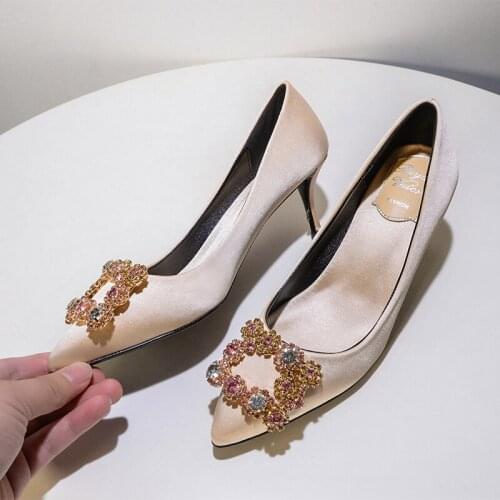 New Pointed Toe Pumps Women Rhinestone Square Buckle Stiletto High Heels Shoes Ladies Party Wedding Shoes Women zapatos femenino