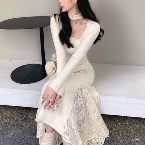 Solid Vintage Knitted Dress Women Winter Patchwork Elegant Hollow Out Slim Midi Dress Female Korean Chic Winter Dress Women Fad