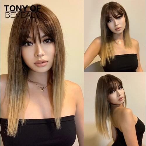 Ombre Brown Blonde Synthetic Hair Wigs Short Straight Bobo Wigs with Bangs for Women Cosplay Heat Resistant Natural Wigs