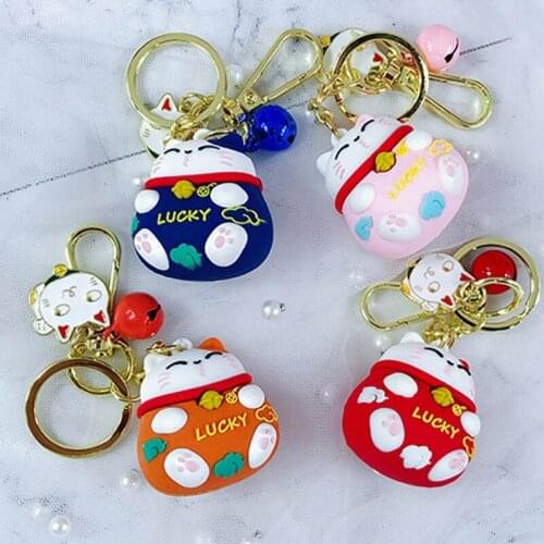 Cartoon Lucky Cat Metal Keychain Women Fortune Cat Bell Key Ring Charm Bag Pendant Key Chain Gift Car Accessories