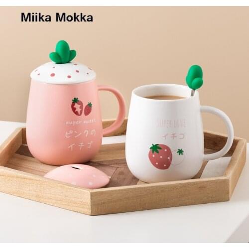 Cute Strawberry Ceramic Mug Coffee Cup with Lid and Spoon Creative Kawaii Home Office for Kids Girl Milk Water Cup Drinkware