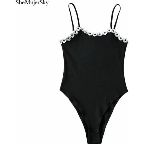 SheMujerSky Women Sexy Appliques Bodysuits Summer Sleeveless Camisole Elastic Slim Jumpsuits 2021 Solid Color Bodysuit