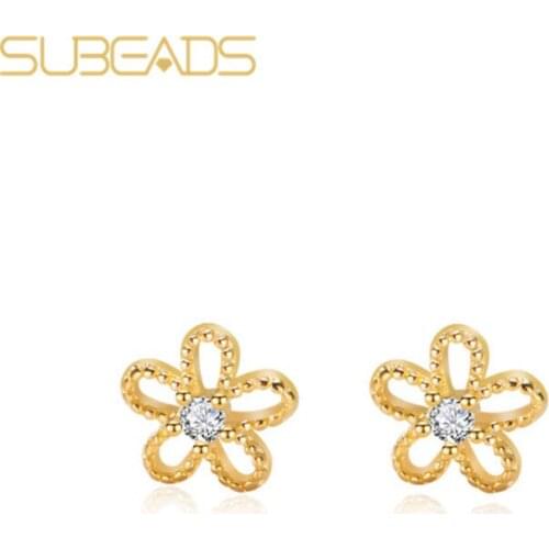 Subeads Real 925 Sterling Silver Small Flower Studs Earrings For Women Crystal Hollow Flower Ear Screw Back Earrings Ear Jewelry