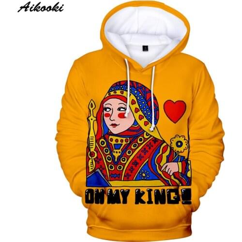 Aikooki KING QUEEN Hoodies Men/Women Sweatshirts Hoody 3D Print Orange Design Playing Cards Poker Hooded Boy/Girls Polluvers