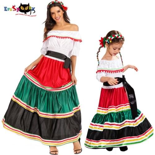 Eraspooky Traditional Folk Mexican Dress Women Girls Halloween Costume For Kids Mexico Carnival Party Family Dance Fancy Dress