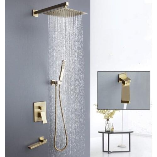 Three functions Brass Brushed gold bathroom shower faucet set Wall mounted 10 inch Rainfall shower hand shower rotated faucet