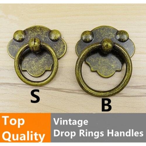Vintage style drop rings drawer shoe cabinbet knobs handles bronze antique brass dresser cupboard door pulls knobs Retro Knobs