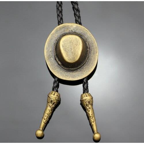 Jewelry Vintage Gold Cowboy Hat Stetson Black Leather Rodeo Western Bolo Bola Tie Line Dance High Quality Unisex Necktie