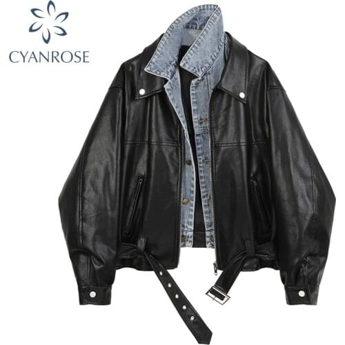 Streetwear Fashion Chic Spliced Denim PU Leather Jacket Women Autumn 2021 New Laple Zipper Long Sleeve Short Leather Coat Female