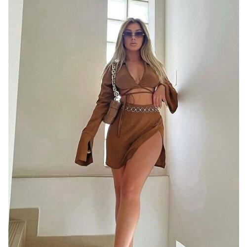 Khaki Color2021Ladies Clothing Dresses Women Dresses Sexy Casual Long Sleeves Open Chest Lace Lapel Shirt Solid Color Suit Skirt