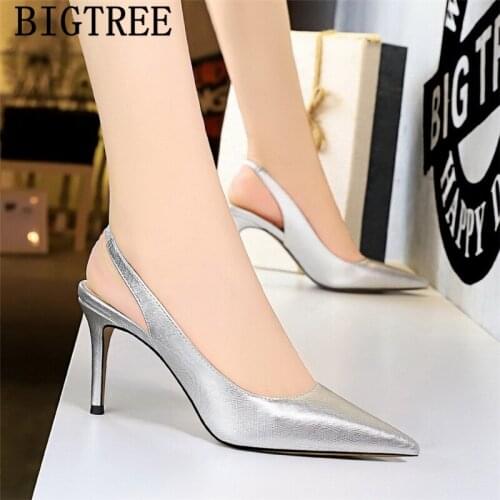 Office Shoes Women Sexy High Heels Slingback Pointed Top Bigtree Shoes Luxury Heels Valentine Shoes Vintage Heels Big Size 43