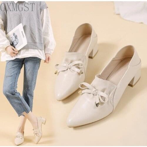 2021 New Women Shoes Fall New Korean Bow Pointy Shallow Thick Heel Womens Shoes Younger Shoes Lady Shoes Flat Shoes Fashion