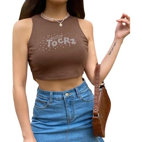 Women Crop Top Vest Casual Tank Tops Sleeveless Crew Neck Rhinestone Slim Fit Workout Tanks Clothes for Female Ladies Summer New
