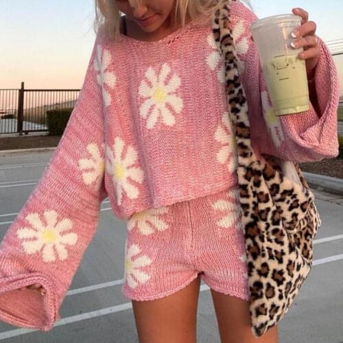 Autumn Knitted Suit Womens Long Sleeve Off Shoulder Floral Knit Pullover Tops Zippered Shorts Soft Sweet Loose 2pcs Short Sets