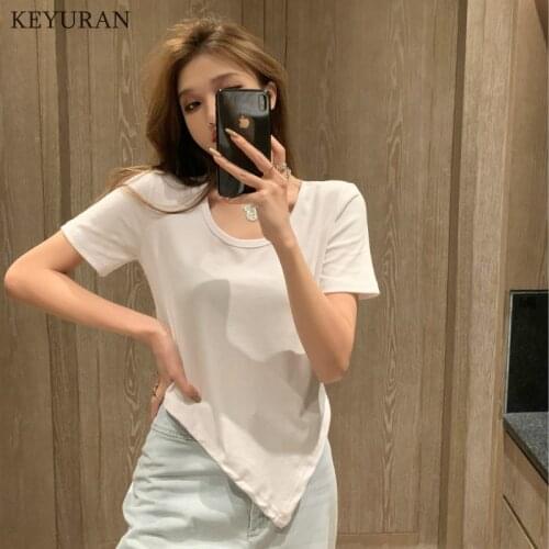Women Black White Base Tops Irregular Split Sexy Slim Womens Summer 2021 New Short Sleeve Side Slit Top T-shirt For Woman