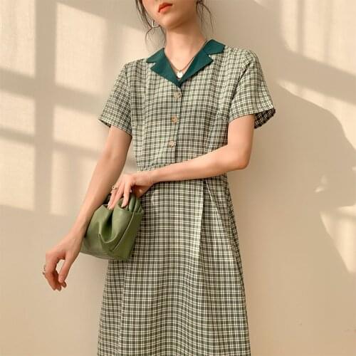 French Vintage Short Sleeve Shirt Summer Dress Green Plaid Tunics Midi Designer Urban Aesthetic Casual Elegant Dresses For Women