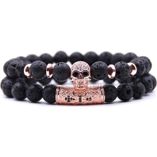 2/PCS Set Bracelet Black Lava Stone Beaded CZ Zirconia Skull and Bar Charm 8MM Bracelet Mens Bracelet Mens Jewelry