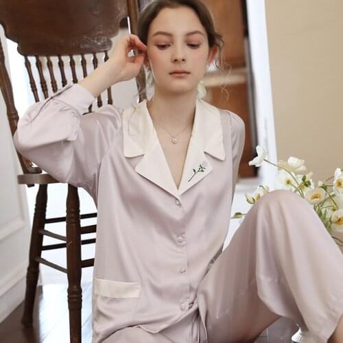 2pcs Embroidery Flower Pajamas Set Satin Long Sleeve Sleepwear Suit Sexy Lady Nightwear With Pocket French Pyjamas Home Clothing